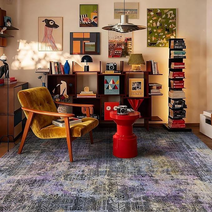 Kokia Abstract Area Rugs Washable Indoor 6x9 Rug Boho Distressed Retro Low Pile Non-Slip Non-Shedding Black Gray Carpet Bedroom Living Room Dining Room, Oslo Nebula