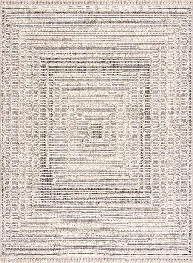 Hauteloom Lunao Farmhouse Living Room Bedroom Moroccan Square Pattern Abstract Area Rug - Soft Shaggy High Low Carpet - High Pile - Bohemian, Boho - Gray, Brown, Beige, Cream - 5'3" x 7'