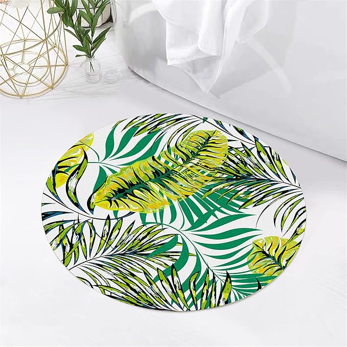 Tropical Round Rug 3.3ft, Watercolor Palm Leaves Pattern Low Pile Circle Carpet, Non-Slip Washable & Non-Shedding Indoor Mat for Bedroom, Entrance, Office Decor
