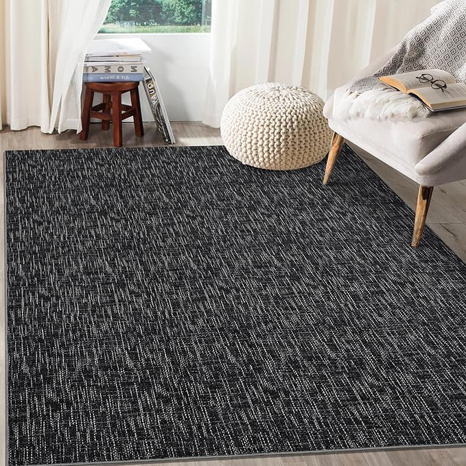 RUGSREAL Bedroom Area Rug 4x6 Modern Abstract Area Rug Stain Resistant Small Living Room Rug Contemporary Dining Room Rug Non-Slip Solid Rug Aesthetic Accent Floor Carpet for Kitchen Office, Black