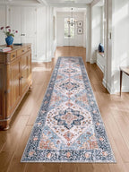 SERISSA Runner Rug for Hallways, 2'6"x12' Washable Non Slip Kitchen Runner Rug, Extra Long Boho Rug Ultra Soft Vintage Blue Orange Floor Carpet for Bedroom Hallway Entryway Bathroom Laundry Room