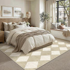 9x12 Checkered Area Rugs for Living Room Beige Machine Washable Large Rug Non-Slip Stain Resistant Low Pile Boho Accent Indoor Throw Carpet for Bedroom Dining Room Home Aesthetic Decor