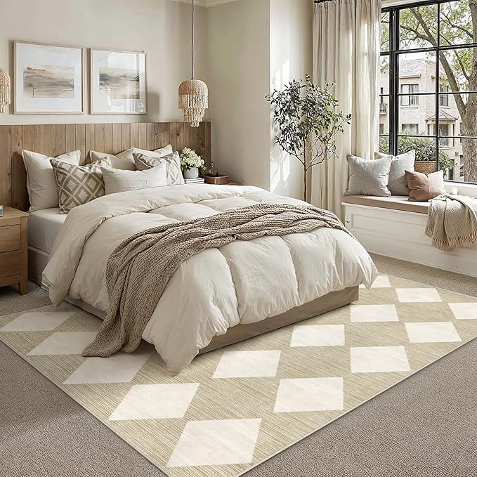 5x7 Checkered Area Rugs for Living Room Beige Machine Washable Large Rug Non-Slip Stain Resistant Low Pile Boho Accent Indoor Throw Carpet for Office Bedroom Dining Room Classroom