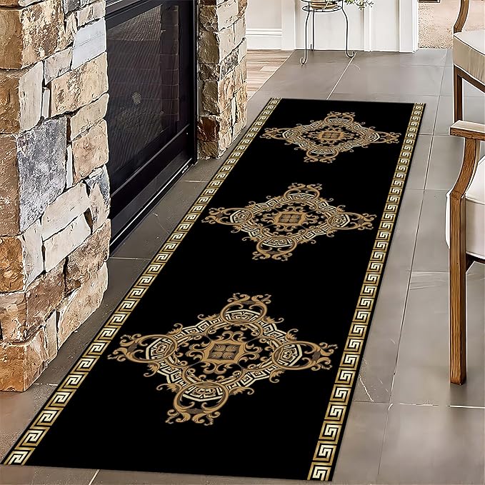 Vintage Baroque Art Long Hallway Rugs Runners, 3.3x10ft, Luxury European Geometric Living Room Rug, Gold Greek Meandering Soft Washable Mats, Shed Resistant Pet Friendly Carpet for Indoor