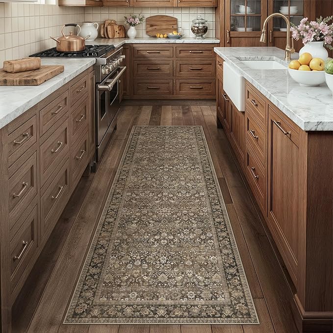 HUGEAR 2'6''x12 Runner Rug Machine Washable Brown Hallway Area Rug Indoor Accent Rug Floral Low Pile Carpet Soft Throw Rug Bedroom Living Room Office Dining Room Kitchen Laundry Room Non Slip