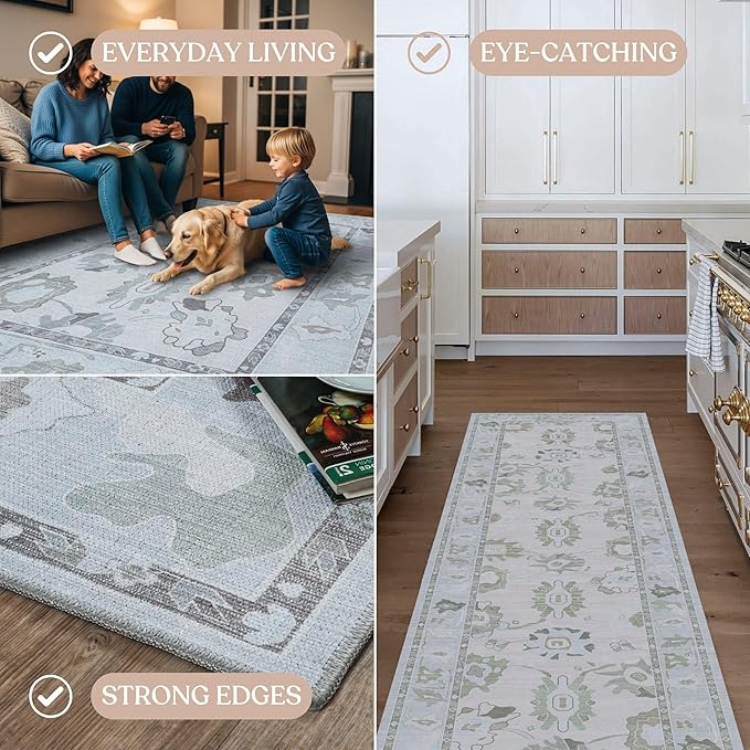 Fame Living Cream Beige Oushak Runner Rug, Modern Runners, Turkish, Eclectic, Floral, Pastel, Washable, Small Rug, Short Runner for Hallway, Entryway, Laundry, Bedroom, Kitchen, Bathroom, 2'5"x6'5"