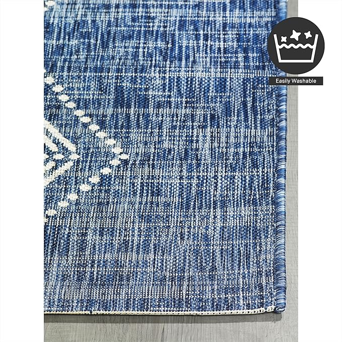 FH Home Outdoor Rug - Waterproof Easy to Clean Stain Resistant - Patio Indoor Outdoor Porch Deck Balcony Entryway - Boho Moroccan - Ariana - Blue - 5ft 2in x 7ft 6in