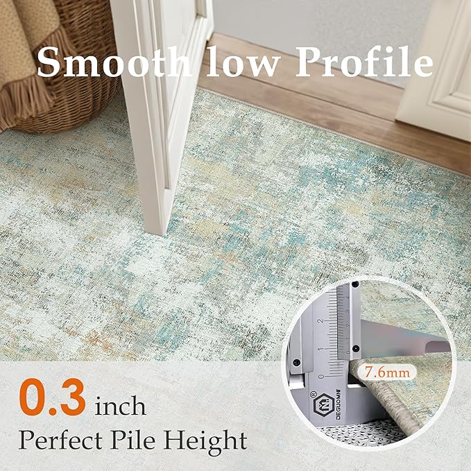 5x7 Washable Area Rug Teal Beige Abstract Living Room Bedroom Carpet Neutral Modern Non-Slip Soft Low Pile Lightweight Vacuumable Throw Rug for Dining Room Entryway