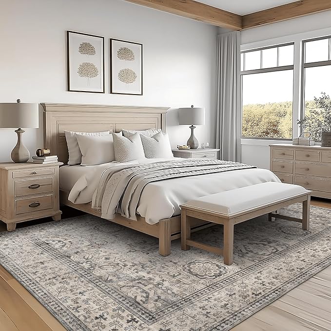 ReaLife Rugs Machine Washable Area Rug Runner - Living Room Bedroom Bathroom Kitchen Entryway Office - Padded Low Pile Stain Resistant Premium - Boho Farmhouse Vintage - Paz - Beige Gray Ivory 3'x5'