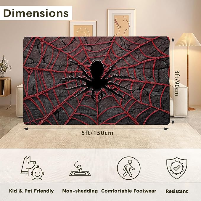 Red Spider Cool Washable Living Room Area Rug, Low Profile Abstract Pattern, 3x5 Non-Slip Backing Carpet for Kitchen, Bedroom, Dining Room