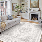 Washable Rug 6x9 Area Rug for Living Room Light Gray Vintage Boho Medallion Large Grey Distressed Retro Carpet Non Slip Indoor Low Pile Small Soft Bedroom Dining Room Home Office