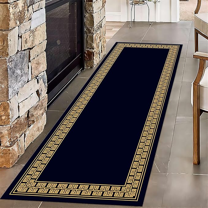 Modern Geometric Meandering Throw Carpet Runner for Entrance, 4x10ft, Orange Geometric Design Carpets for Entryway, Navy Blue Background Cozy Foldable Dirty Resistant Rug for Sofa Office