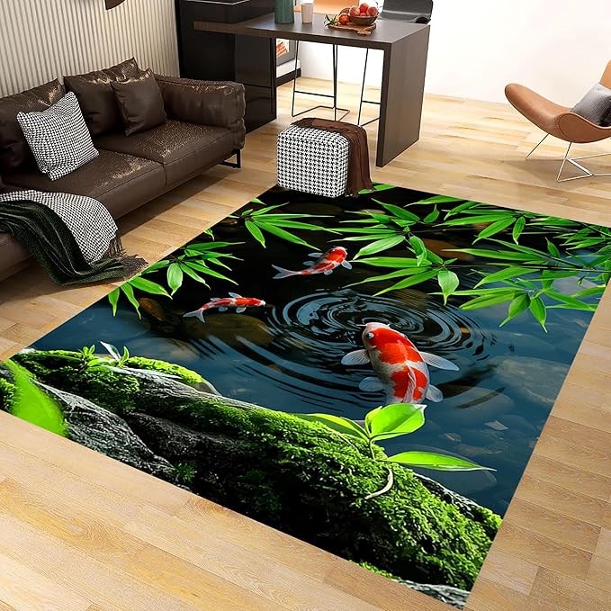 Pond Koi Fish Living Room Rug, 4x6ft, Summer Greenery Moss Stream Indoor Decor Carpet, with Non-Slip Backing Absorbent Thin Mat, Soft Easy Clean Washable Rugs for Office Entryway