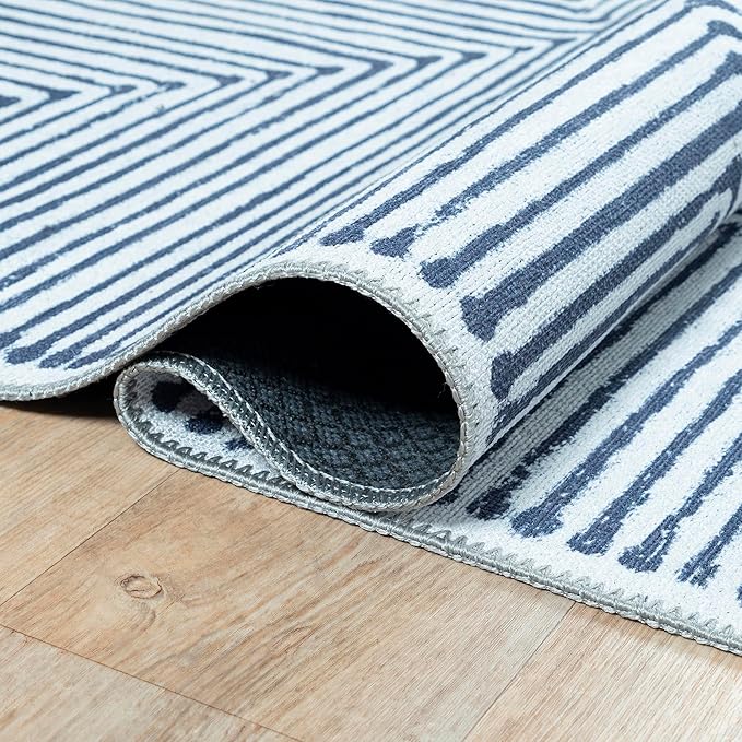 Bloom Rugs Washable Non-Slip 10 ft Runner - Blue/Ivory Striped Runner for Entryway, Hallway, Bathroom, and Kitchen - Exact Size: 2.5' x 10'