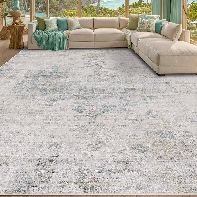 Light Blue Area Rugs 8x12 for Living Room - Abstract Medallion Blue Gray Rug for Bedroom, Dining Room Under Table, Washable Non Slip, Fade & Stain Resistance