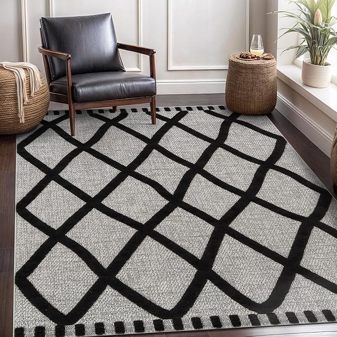 CAMILSON Modern Rug 8x10 Luxury Diamond Pattern Micro Loop Area Rugs Soft High-Low Pile Stain Resistant Easy to Clean Non-Shedding Durable Living Room Bedroom Indoor Carpet (Black/Gray)