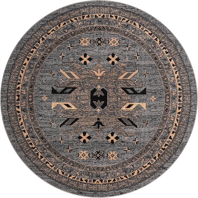 Unique Loom Taftan Collection Border Geometric Tribal Inspired Design Area Rug (8' 0 x 8' 0 Round, Gray/ Black)
