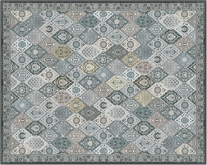 Phantoscope Washable Area Rug 8'x10' Non-Slip, Vintage Boho Rugs for Living Room, Bedroom, Dining Room, Distressed Moroccan Mosaic Diamond Pattern, Low-Pile Foldable Floor Carpet, Grey Charcoal
