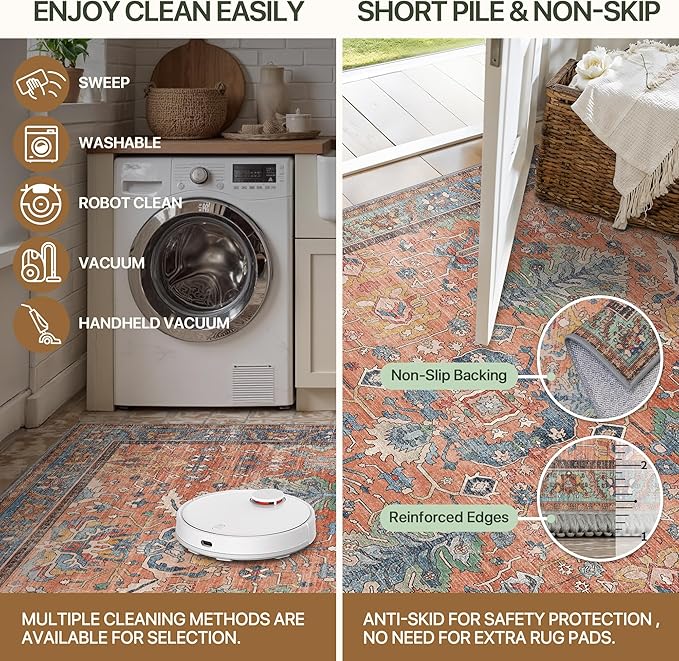 Bavni Runner Rug, Machine Washable Rugs for Bedroom 2x5, Non Slip Boho Rugs with Rubber Backing, Ultra-Thin Folable Rug Runner for Hallways Bathroom, Terracotta/Blue