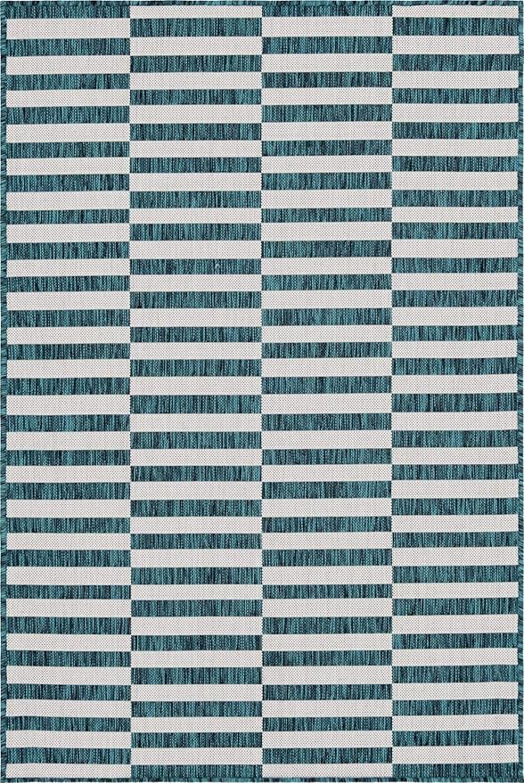 Unique Loom Outdoor Striped Collection Area Rug - Striped (4' 1" x 6' 1" Rectangle, Teal/Ivory)