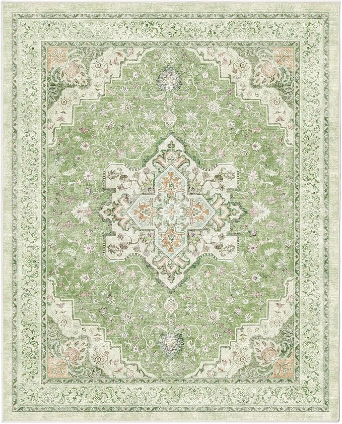 Marsail 8x10 Machine Washable Area Rug, Soft & Slip-Resistant Large Area Rug with Reinforced Bound Edges, Vintage Short-Pile Washable Rug with Floral Pattern for Living Room, Dinning Room and Bedroom