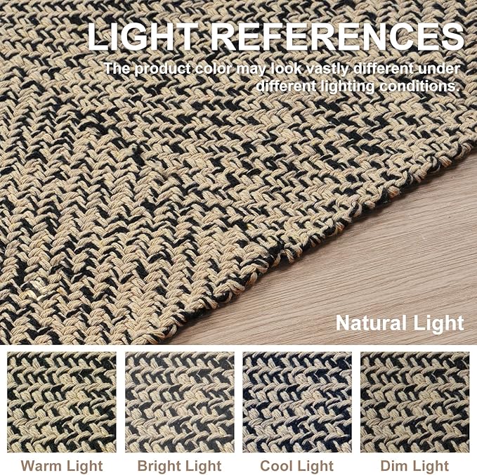 Collive Long Hallway Runners Rug 2.6x7, Farmhouse Washable Kitchen Runner Rug for Bedroom, Natural/Black Braided Woven Entryway Rug Low-Profile Front Door Floor Carpet for Laundry Bathroom Living Room