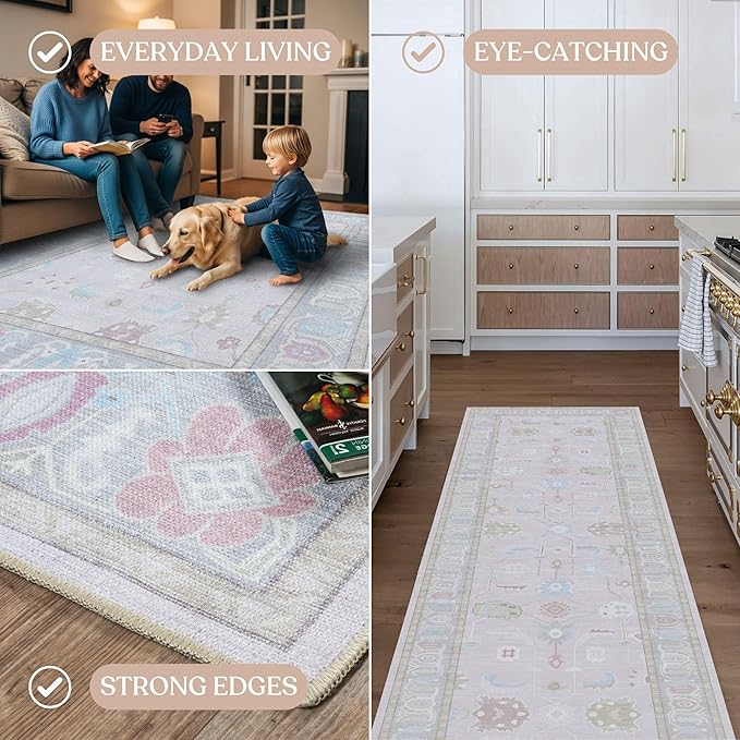 Fame Living Faded Oushak Rug, Turkish Vintage Floral Pastel Large Oversized Area Rugs for Living Room Dining Bedroom Kitchen Bathroom Nursery (854PW, 2'5" x 13')