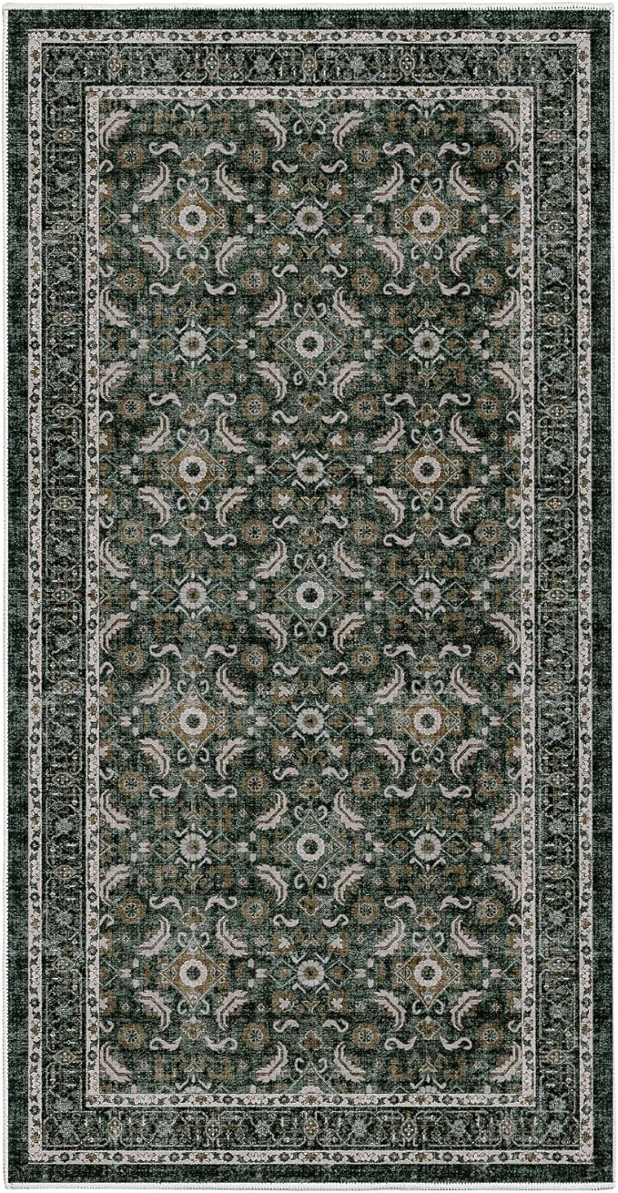 WITSHOCK Washable 2x4 Entryway Area Rug: Soft Non-Slip Backing Washable Rugs Vintage Flower Boho Accent Small Rugs for Bedroom, Kitchen, Bathroom, Nursery Entrance,Dark Green