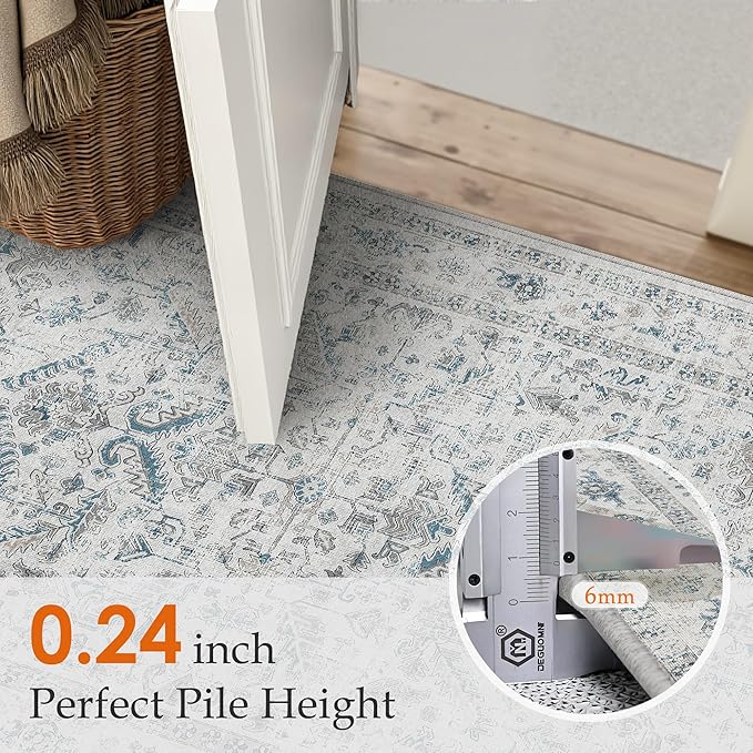 Blue 2x6 Runner Rug Vintage Area Carpet Hallway Indoor Kitchen Washable Low Pile Traditional Distressed Retro Accent Throw Rug Non Slip for Laundry Bathroom Office