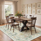 Bavni 8x10 Area Rugs for Living Room, Microfiber Machine Washable Non-Slip Vintage Floral Rug, Low Pile Lightweight Carpet for Bedroom, Dining Room, Home Office, Beige&Green
