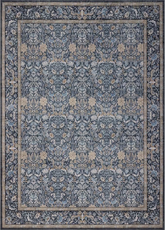 Washable Living Room Rug: 10x14 Boho Floral Soft Area Rug for Bedroom Decor - Vintage Low Pile Thin Carpet for Dining Room Non-Slip - Farmhouse Stain Resistant Rugs - Slate Blue