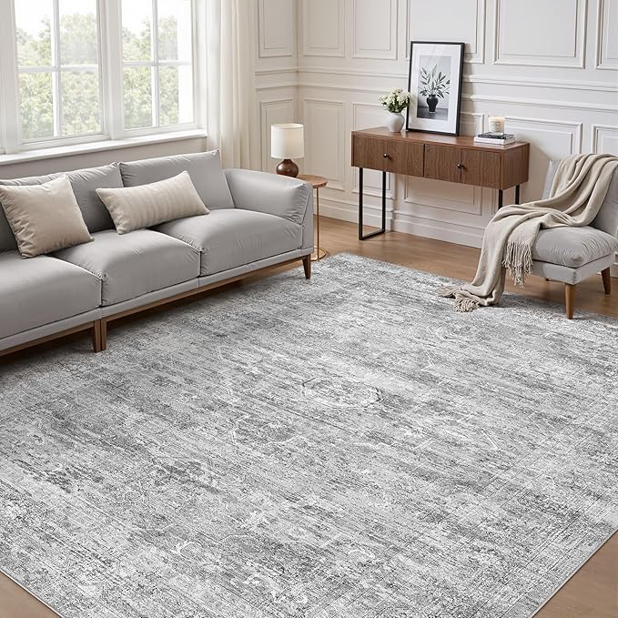 Grey Rug 9x12 Area Rug: Washable Boho Large Vintage Neutral Soft Rugs Stain Resistant Farmhouse Non-Slip Indoor Floor Carpet for Living Room Bedroom Playroom Office Dining Room Apartment Dorm
