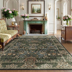6x9 Floral Washable Area Rug for Living Room, Vintage Boho Rugs for Bedroom Dining Room, Botanical Birds Non Slip Low Pile Forest Throw Carpet for Farmhouse Office, Retro Gold/Green
