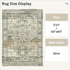 5x7 Area Rugs Low Pile Indoor Washable Trendy Faded Style Rugs for Bedroom Living Room Dining Room Foldable Non-Slip Thin Print Mat Green Olive Beige