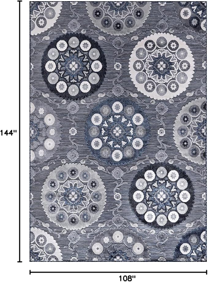 CAMILSON Indoor Outdoor Rug 9x12 Bohemian Medallion Floral Area Rugs for Indoor and Outdoor Patios Easy-Cleaning Non-Shedding Living Room Garden and Kitchen Washable Outside Carpet (9 x 12 / Navy)
