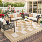 Vasofe Checkered Jute 5x7 Area Rugs, Washable Outdoor Patio Rug for Living Room Bedroom Indoor Carpet, Non Slip Modern Farmhouse Neutral Geometric Rugs Office Porch Dining Room Mat, Khaki and White