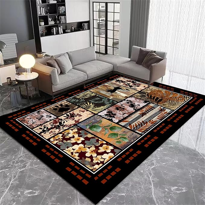 Rustic Cabin Area Rug 3x5ft, Animal & Moroccan Plaid Pattern Vintage Boho Carpet, Stain-Resistant Pet-Friendly & Non-Slip Low Pile for Living Room, Bedroom, Dining Room