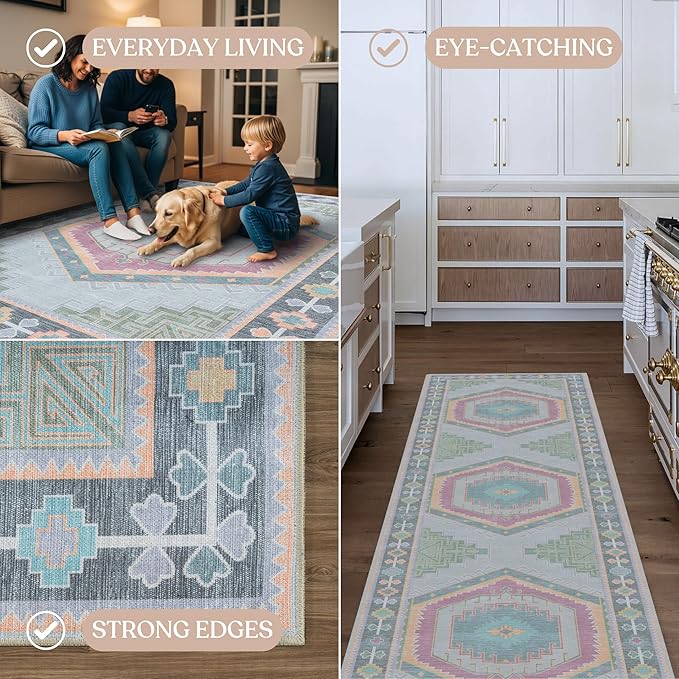 Fame Living Washable Area Rug. Modern Farmhouse. Vintage. Turkish. Bohemian. Distressed. Oriental. Traditional. Rugs for Living Room. Dining. Bedroom. Office. Entryway. Foyer. (856GP, 2'5" x 9'8")