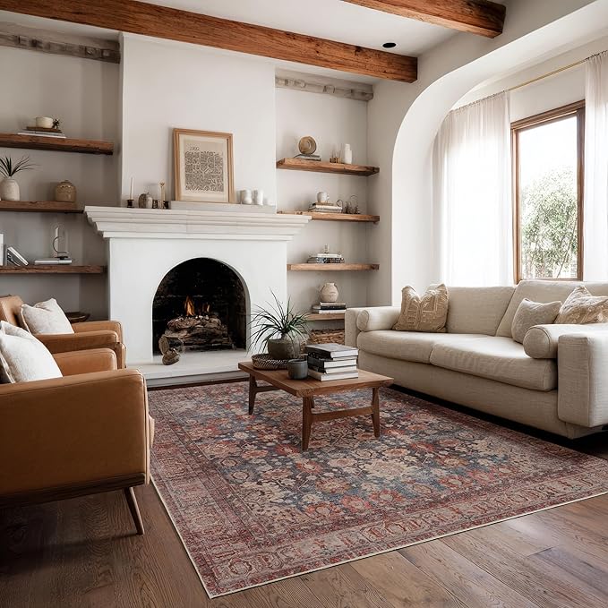 Kuden 9x12 Large Area Rug, Machine Washable Area Rug with Non-Slip Backing, Vintage Style, Soft, Easy Clean, Low Pile Rug for Living Room, Bedroom, Dining Room