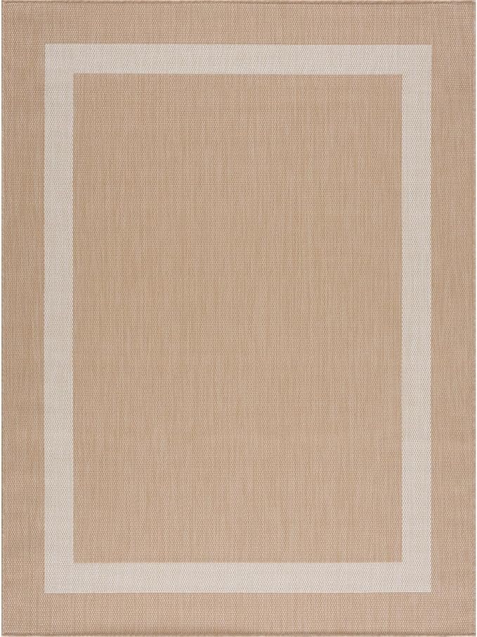 CAMILSON Outdoor Rug 8x10, Modern Outside Rugs for Patios Porches Waterproof Durable Washable Non-Shedding, Easy-to-Clean Indoor Outdoor Area Carpet (8 x 10, Bordered - Beige/White)