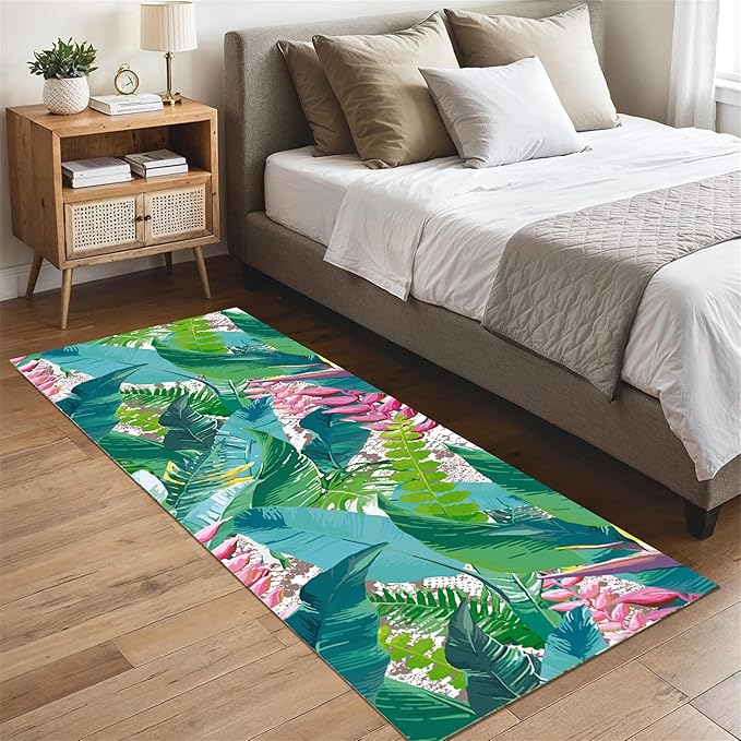 Tropical Rug Runner 4x12ft - Non-Slip Durable Floral Leaf Pattern Carpet for Hallway, Stairs, Entryway, Easy Clean Floor Decor