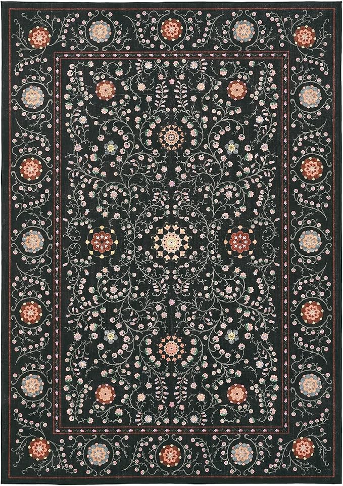 GarveeHome Boho 5x7 Area Rug for Bedroom, Floral Vintage Rugs for Living Room with Soft Low Pile, Non Slip Botanical Washable Rugs 5x7 for Dining Room Black Carpet for Entryway Dorm Office Playroom
