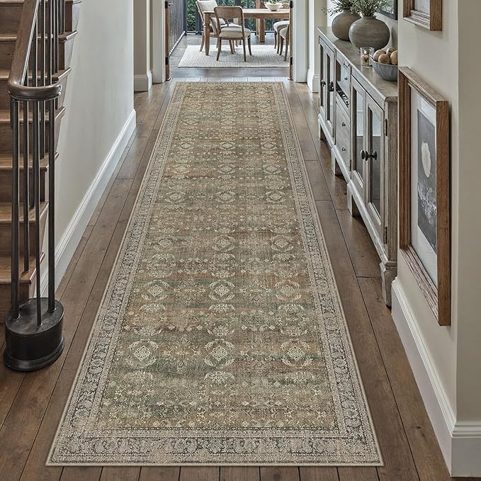 2x8 Brown Area Rug Runners for Hallways Washable Vintage Distressed Carpet Low Pile Non Slip Indoor Retro Soft Long Accent Rug Bedroom Kitchen Bathroom Laundry Dining Living Room
