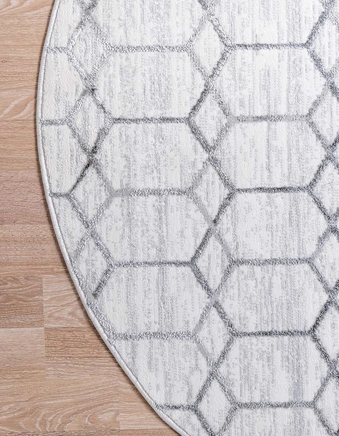 Rugs.com Lattice Trellis Collection Rug – 5 Ft Round White Low-Pile Rug Perfect for Kitchens, Dining Rooms