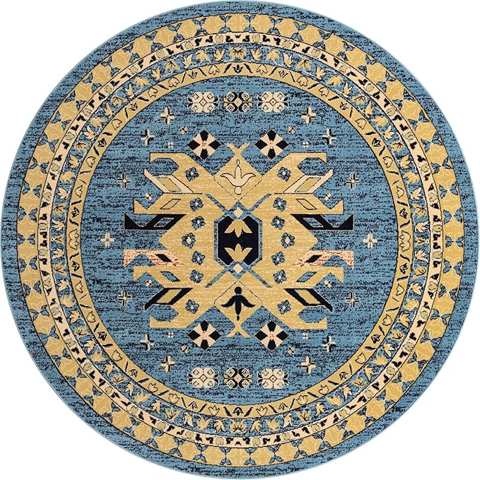 Unique Loom Taftan Collection Border Geometric Tribal Inspired Design Area Rug (8' 0 x 8' 0 Round, Light Blue/ Gold)