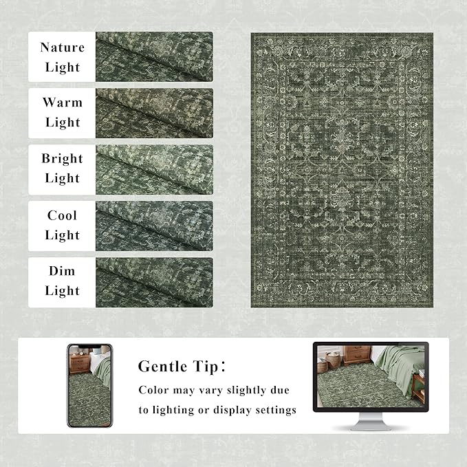 Washable Area Rug 2x3 Green Rugs for Living Room, Vintage Boho Rug for Bedroom Dining Room Office, Distressed Floral Print Carpet for Under Table, Soft Non Slip Low Pile Throw Carpet Indoor Mat