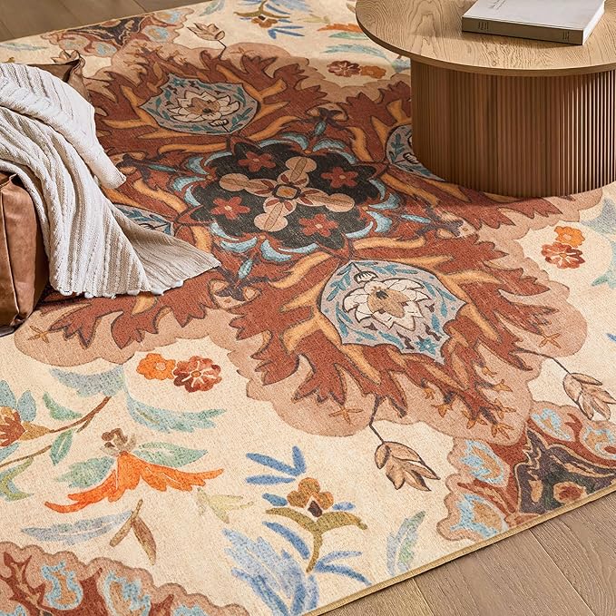Phantoscope Washable Area Rug 5'x7' Non-Slip, Vintage Boho Rugs for Living Room, Bedroom, Dining Room, Fall Orange Floral Medallion Pattern, Low-Pile Foldable Floor Carpet, Rust/Multi Floral