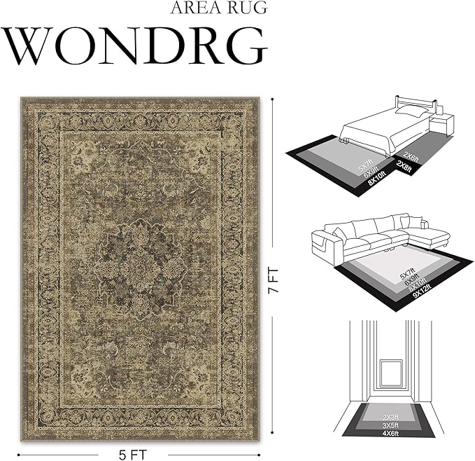 5x7 Brown Washable Vintage Runner Rug for Living Room Bedroom Soft Tranditional Non Slip Large Throw Rug Lightweight Floral Low Pile Distressed Carpet Laundry Dining Room Kitchen Office