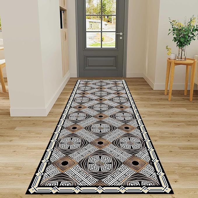 Classic Geometric Runner Rug, 4x10ft, Greek Key Print Runners Rugs, Vintage Moroccan Checkered Carpet, Cozy Short Pile No Crease Farmhouse Rugs for Living Room Laundry