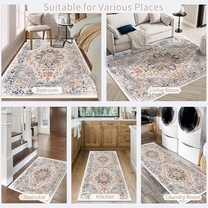Enkor Area Soft Rugs 8x10 Washable Non Slip Boho Floor Rugs for Living Room Bedroom, Vintage Style Farmhouse Mat for Kitchen Entryway Orange & Black